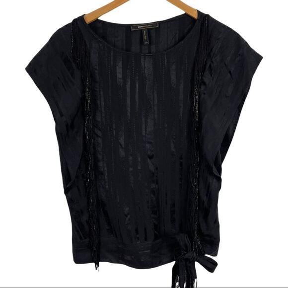 BCBGMAXAZRIA Black Silk Ruffle Blouse Top Beaded Fringe with Shinny Stripes XXS - Picture 2 of 16